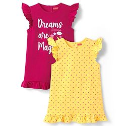 Babyhug Cotton Knit Frill Sleeves A Line Nighties with Polka Dots & Text Print Pack of 2 - Yellow & Dark Pink