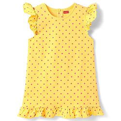 Babyhug Cotton Knit Frill Sleeves A Line Nighties with Polka Dots & Text Print Pack of 2 - Yellow & Dark Pink