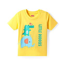 Babyhug Cotton Knit Half Sleeves T-Shirt With Animal & Text  - Yellow