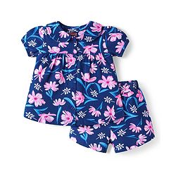 Babyhug Cotton Knit Half Sleeves Floral Printed Shorts Night Suit - Navy Blue