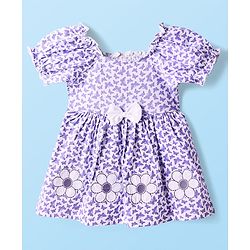 Babyhug Single Jersey Knit Half Puffed Sleeves Butterfly Printed Frock with Floral Patch & Bow Applique - White