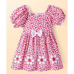 Babyhug Single Jersey Knit Puffed Sleeves Frock with Butterfly Print & Flower Bow Applique -  Dark Pink & White