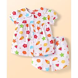 Babyhug Cotton Knit Half Sleeves Shorts Night Suit With Floral & Fruit Print - White