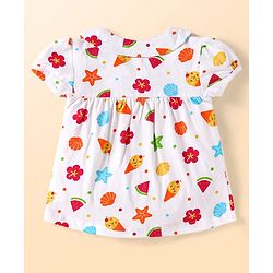 Babyhug Cotton Knit Half Sleeves Shorts Night Suit With Floral & Fruit Print - White