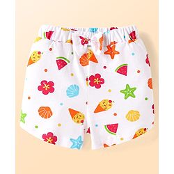 Babyhug Cotton Knit Half Sleeves Shorts Night Suit With Floral & Fruit Print - White