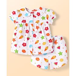 Babyhug Cotton Knit Half Sleeves Shorts Night Suit With Floral & Fruit Print - White