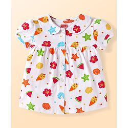 Babyhug Cotton Knit Half Sleeves Shorts Night Suit With Floral & Fruit Print - White