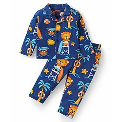Babyhug Cotton Knit Full Sleeves Night Suit With Lion Print - Navy Blue