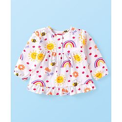 Babyhug 100% Cotton Knit Full Sleeves Night Suit With Floral & Honeybee Print - White