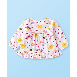 Babyhug 100% Cotton Knit Full Sleeves Night Suit With Floral & Honeybee Print - White