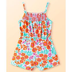 Babyhug Cotton Knit Singlet Sleeves Jumpsuit with Floral Print & Shimmer - White