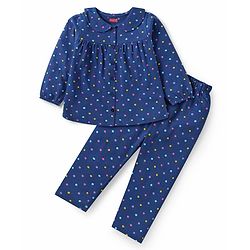 Babyhug Cotton Knit Front Open Full Sleeves Peter Pan Collar Night Suit with Polka Dot Print - Navy Blue