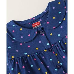 Babyhug Cotton Knit Front Open Full Sleeves Peter Pan Collar Night Suit with Polka Dot Print - Navy Blue