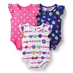 Babyhug 100% Cotton Knit Frill Sleeves Fruit & Heart Printed Onesies Pack of 3 - White Pink & Navy Blue