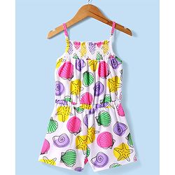 Babyhug Cotton Knit Singlet Sleeves Jumpsuit with Sea Life Print & Shimmer - White
