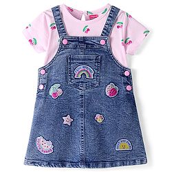 Babyhug Cotton Woven Frock & Half Sleeves Inner Tee With Fruit Print & Patch - Blue & Pink