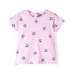 Babyhug Cotton Woven Frock & Half Sleeves Inner Tee With Fruit Print & Patch - Blue & Pink