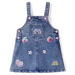 Babyhug Cotton Woven Frock & Half Sleeves Inner Tee With Fruit Print & Patch - Blue & Pink