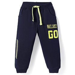 Babyhug Terry Knit Full Length Lounge Pants With Get Set Go Text Print - Navy Blue