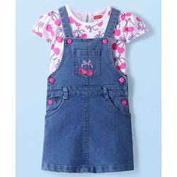 Babyhug Cotton Woven Cherry Printed & Embroidered Pinafore with Cap Sleeves Inner Tee - Blue