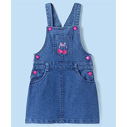 Babyhug Cotton Woven Cherry Printed & Embroidered Pinafore with Cap Sleeves Inner Tee - Blue