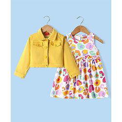 Babyhug Cotton Knit Sleeveless Frock with Jacket & Abstract Print - Yellow & White