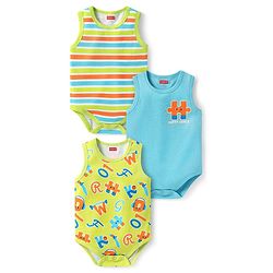 Babyhug 100% Cotton Knit Sleeveless Onesies with Alphabet Print & Stripes Pack of 3 - Light Green & Blue