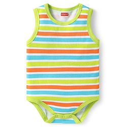 Babyhug 100% Cotton Knit Sleeveless Onesies with Alphabet Print & Stripes Pack of 3 - Light Green & Blue