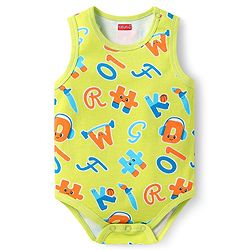 Babyhug 100% Cotton Knit Sleeveless Onesies with Alphabet Print & Stripes Pack of 3 - Light Green & Blue