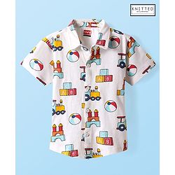 Babyhug Cotton Knit Half Sleeves Shirt With Toys Print - White