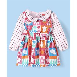 Babyhug Cotton Knit Printed Frock & Full Sleeves Inner Tee With Polka Dot Print & Peter Pan Collar - White