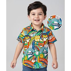 Babyhug Cotton Pique Textured Knit Half Sleeves Shirt with Smiley & Tiger Print - Green