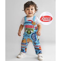 Babyhug Disney Single Jersey Knit Half Sleeves T-Shirt & Dungaree Style Romper Set with Cars Print - Light Blue