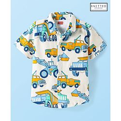 Babyhug Cotton Knit Half Sleeves Shirt With Vehicle Print - White