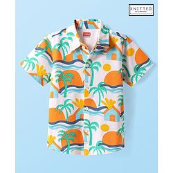 Babyhug Cotton Pique Textured Knit Half Sleeves Shirt With Beach Theme Print - White