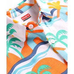 Babyhug Cotton Pique Textured Knit Half Sleeves Shirt With Beach Theme Print - White