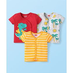 Babyhug 100% Cotton Knit Front Open Vests with Dino & Tree Print Pack of 3 - Orange Red & Grey