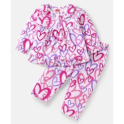 Babyhug Cotton Knit Full Sleeves Night Suit with Hearts Print - White