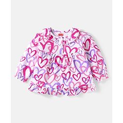 Babyhug Cotton Knit Full Sleeves Night Suit with Hearts Print - White