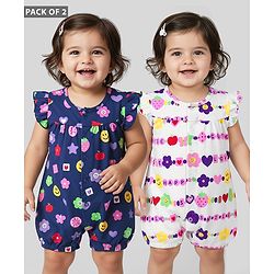 Babyhug 100% Cotton Interlock Knit Frill Sleeves Rompers With Tropical Theme Print Pack Of 2 - Navy Blue & White