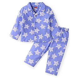 Babyhug Cotton Knit Full Sleeves Nightsuit with Star Print - White & Blue