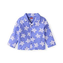 Babyhug Cotton Knit Full Sleeves Nightsuit with Star Print - White & Blue
