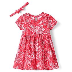 Babyhug Single Jersey Knit Half Sleeves Floral Printed Frock & Headband with Bow Applique - Red