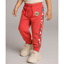 Babyhug Terry Knit Full Length Lounge Pants with Bagde & Tape - Red