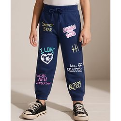 Babyhug Terry Knit Full Length Lounge Pant with I Love Text Print - Navy Blue