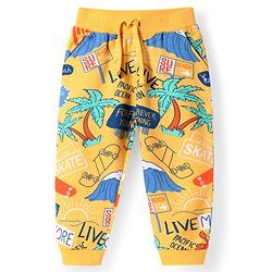 Babyhug Terry Knit Full Length Lounge Pant With Beach Theme Print - Yellow