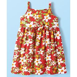 Babyhug Single Jersey Knit Sleeveless Floral Printed Frock with Bow Applique - Red