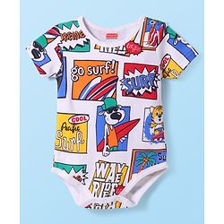 Babyhug 100% Cotton Knit Half Sleeves Onesie with Beach Theme Print - White
