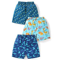 Babyhug Poplin Woven Boxers with Animal Print Pack of 3 - Blue