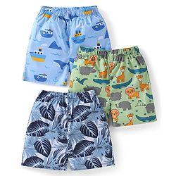 Babyhug Poplin Woven Boxers with Animal & Leaves Print Pack of 3 - Blue & Green